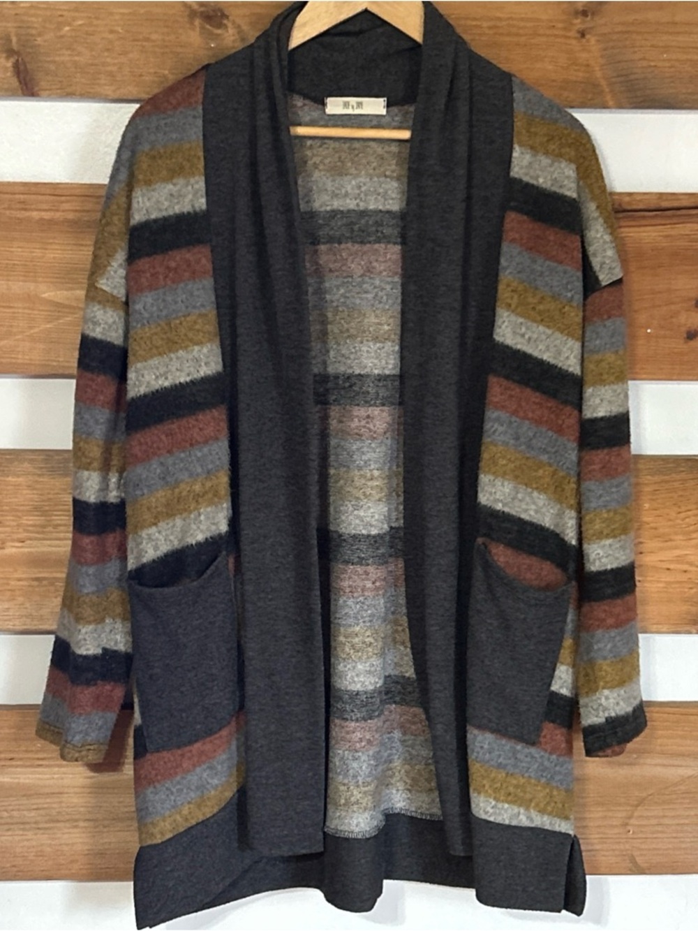 Jade by Jane Open Front Duster Cardigan w/Pockets Smoke Gray w/Stripes Size S